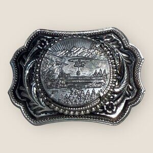 Vintage Western Silver-tone Belt Buckle Scenic Mountain and Logging Design